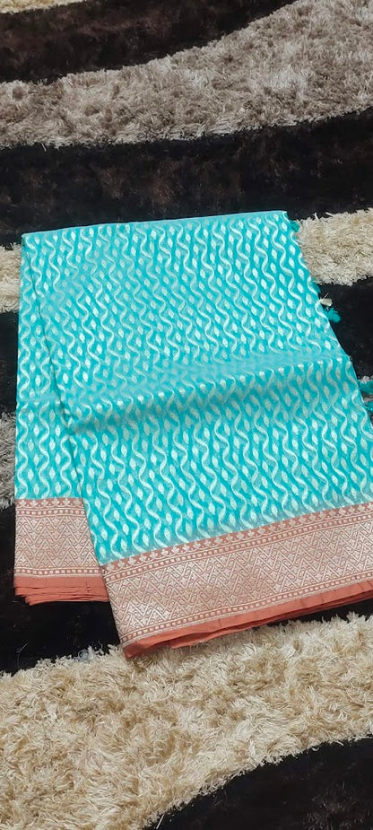 Semi Jamdani Turquoise Blue Saree