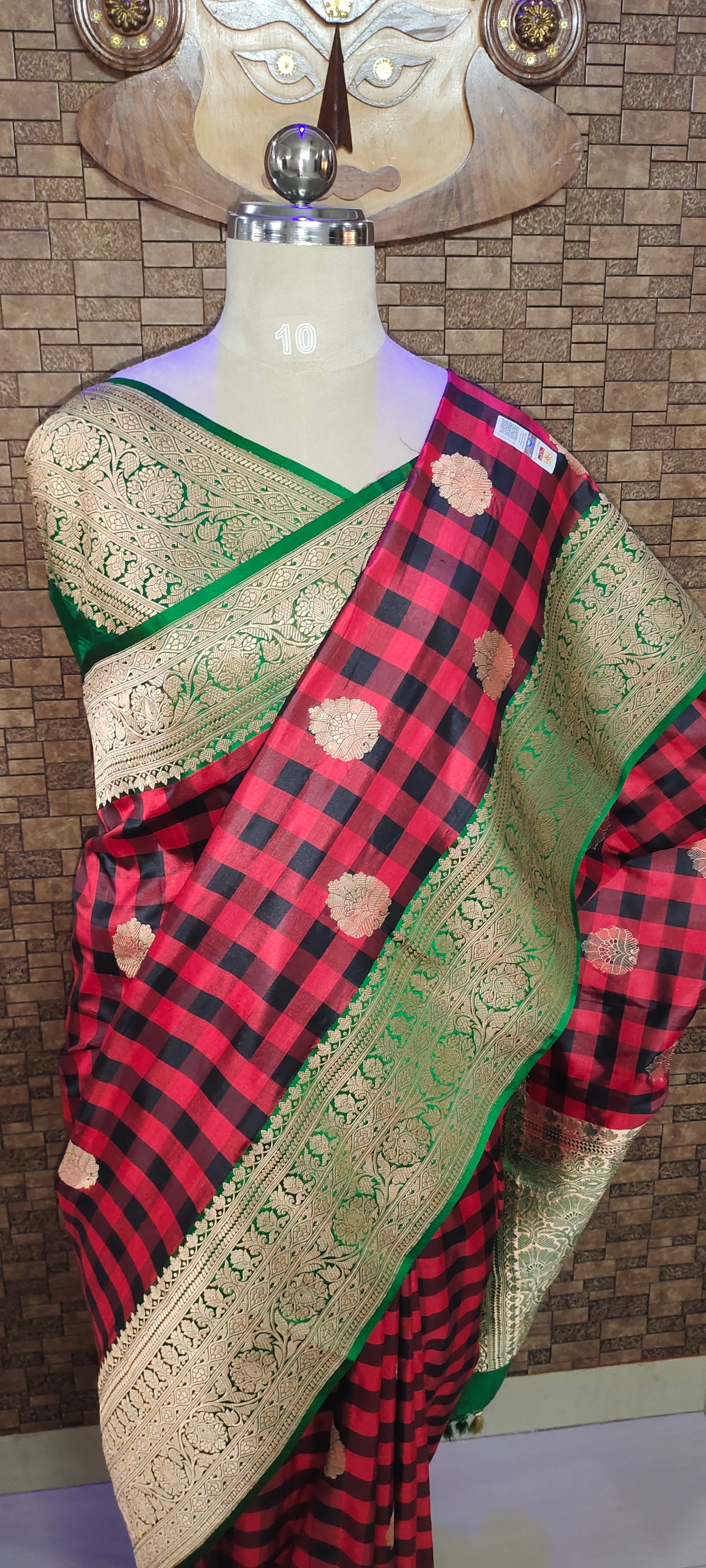Red Black Checks Pure Katan Silk Saree