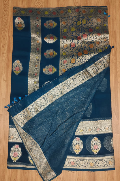 Dark Ocean Blue Banarasi Georgette Saree