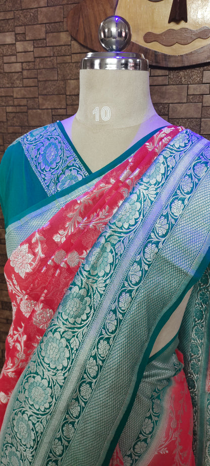 Strawberry Red Pure Banarasi Georgette Saree
