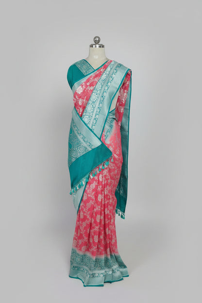 Strawberry Red Pure Banarasi Georgette Saree