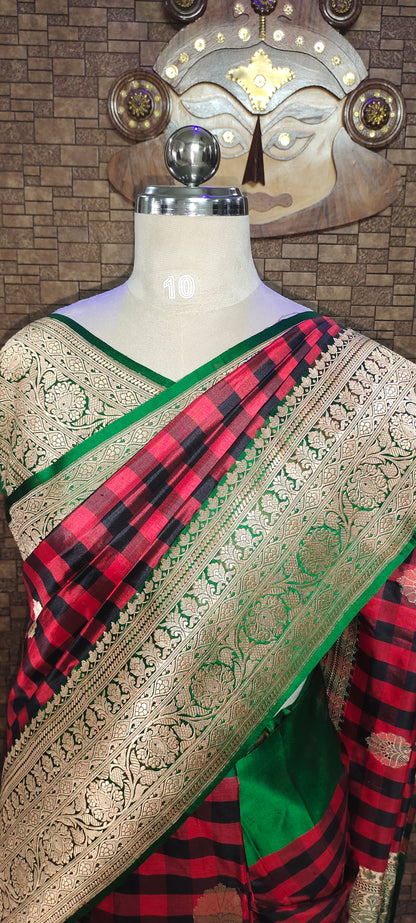 Red Black Checks Pure Katan Silk Saree