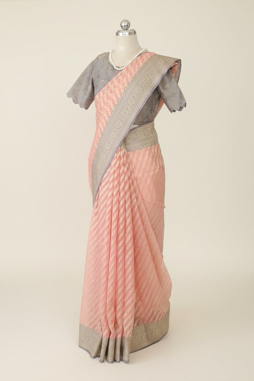 Semi Jamdani Peach Banarasi Saree