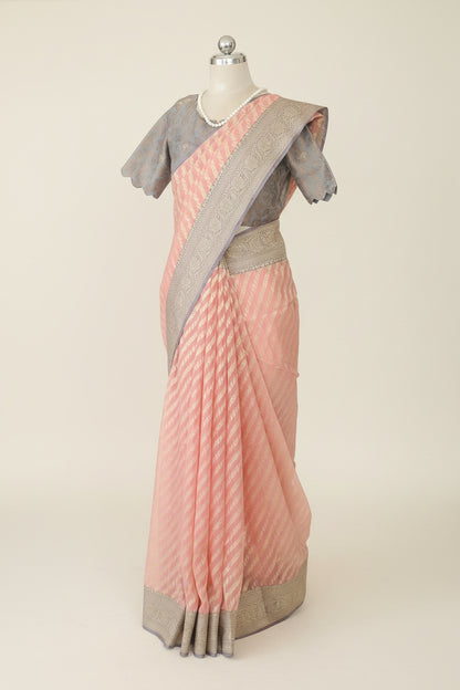 Semi Jamdani Peach Banarasi Saree