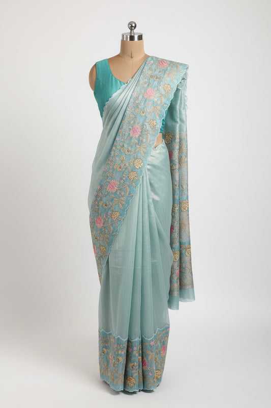 Aqua Blue Kora Tissue Saree