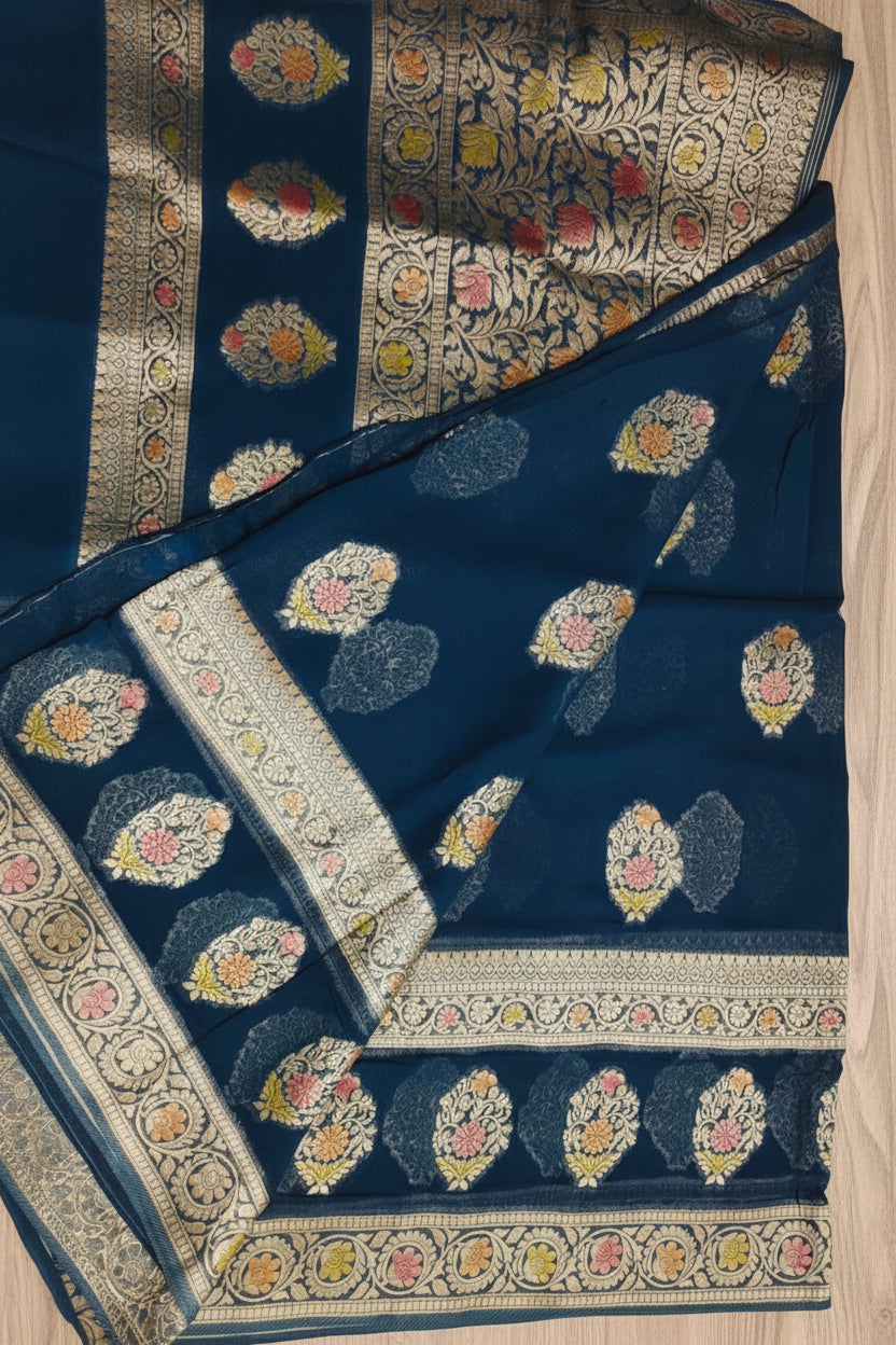 Dark Ocean Blue Banarasi Georgette Saree