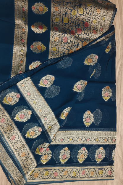 Dark Ocean Blue Banarasi Georgette Saree