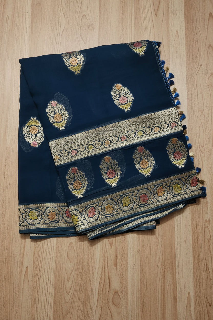 Dark Ocean Blue Banarasi Georgette Saree