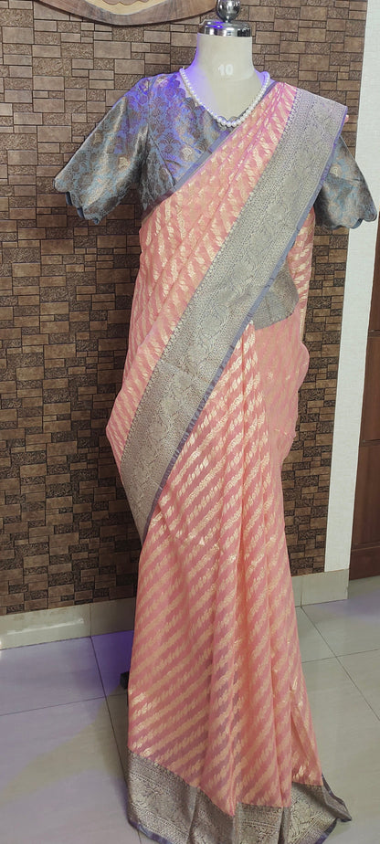 Semi Jamdani Peach Banarasi Saree