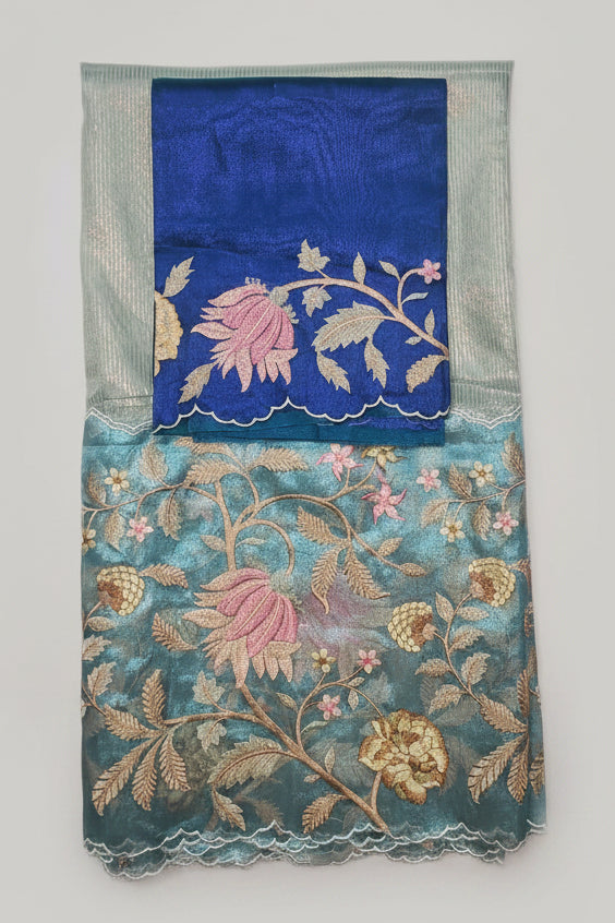 Aqua Blue Kora Tissue Saree