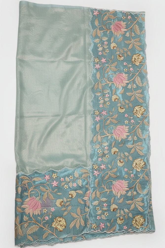 Aqua Blue Kora Tissue Saree
