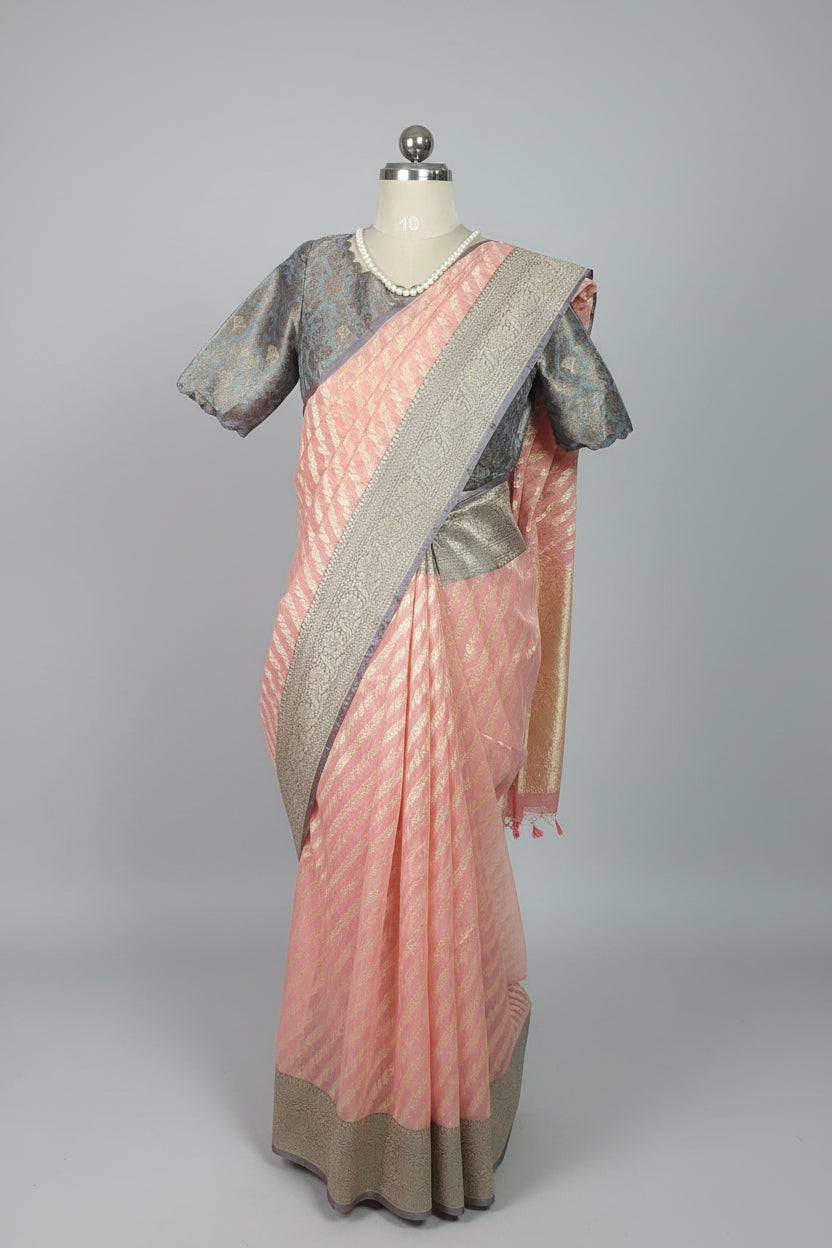 Semi Jamdani Peach Banarasi Saree