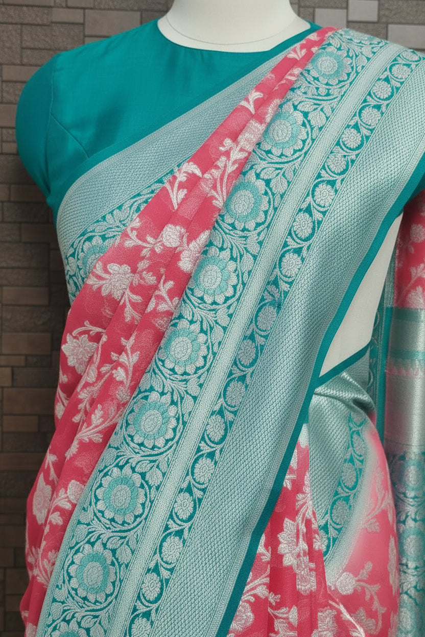 Strawberry Red Pure Banarasi Georgette Saree