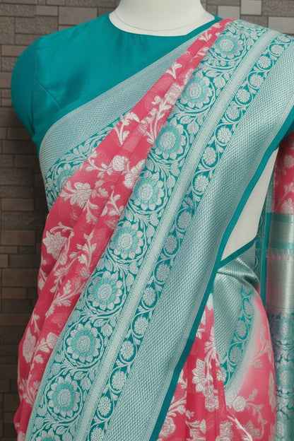 Strawberry Red Pure Banarasi Georgette Saree