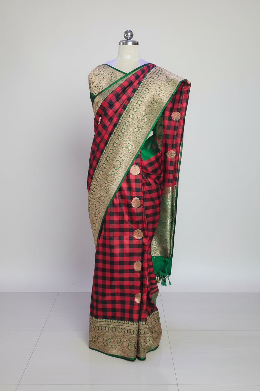 Red Black Checks Pure Katan Silk Saree