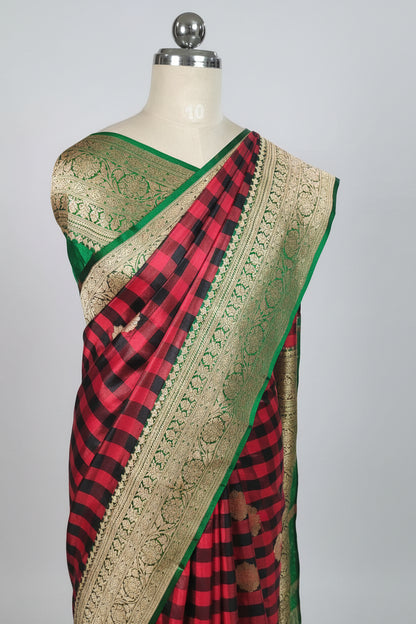 Red Black Checks Pure Katan Silk Saree