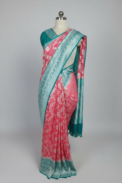 Strawberry Red Pure Banarasi Georgette Saree