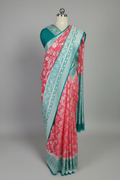Strawberry Red Pure Banarasi Georgette Saree