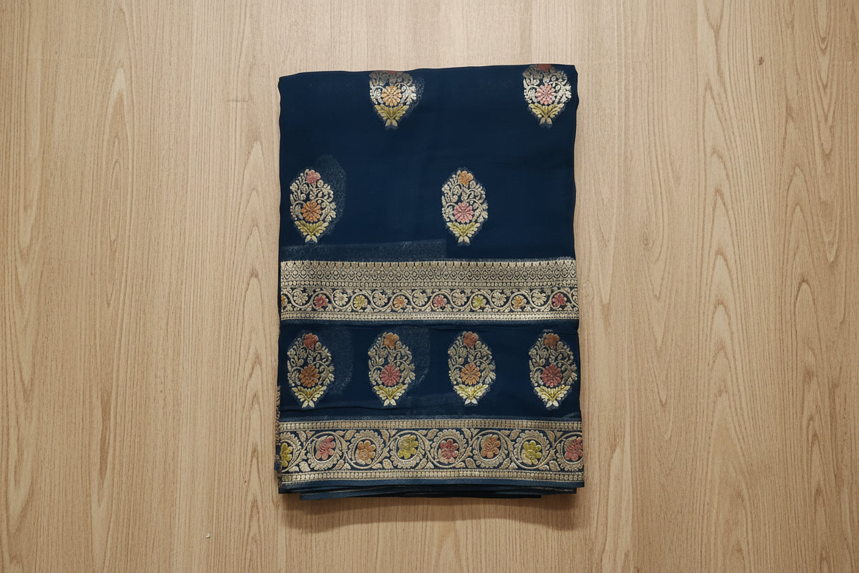Dark Ocean Blue Banarasi Georgette Saree