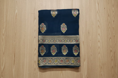 Dark Ocean Blue Banarasi Georgette Saree