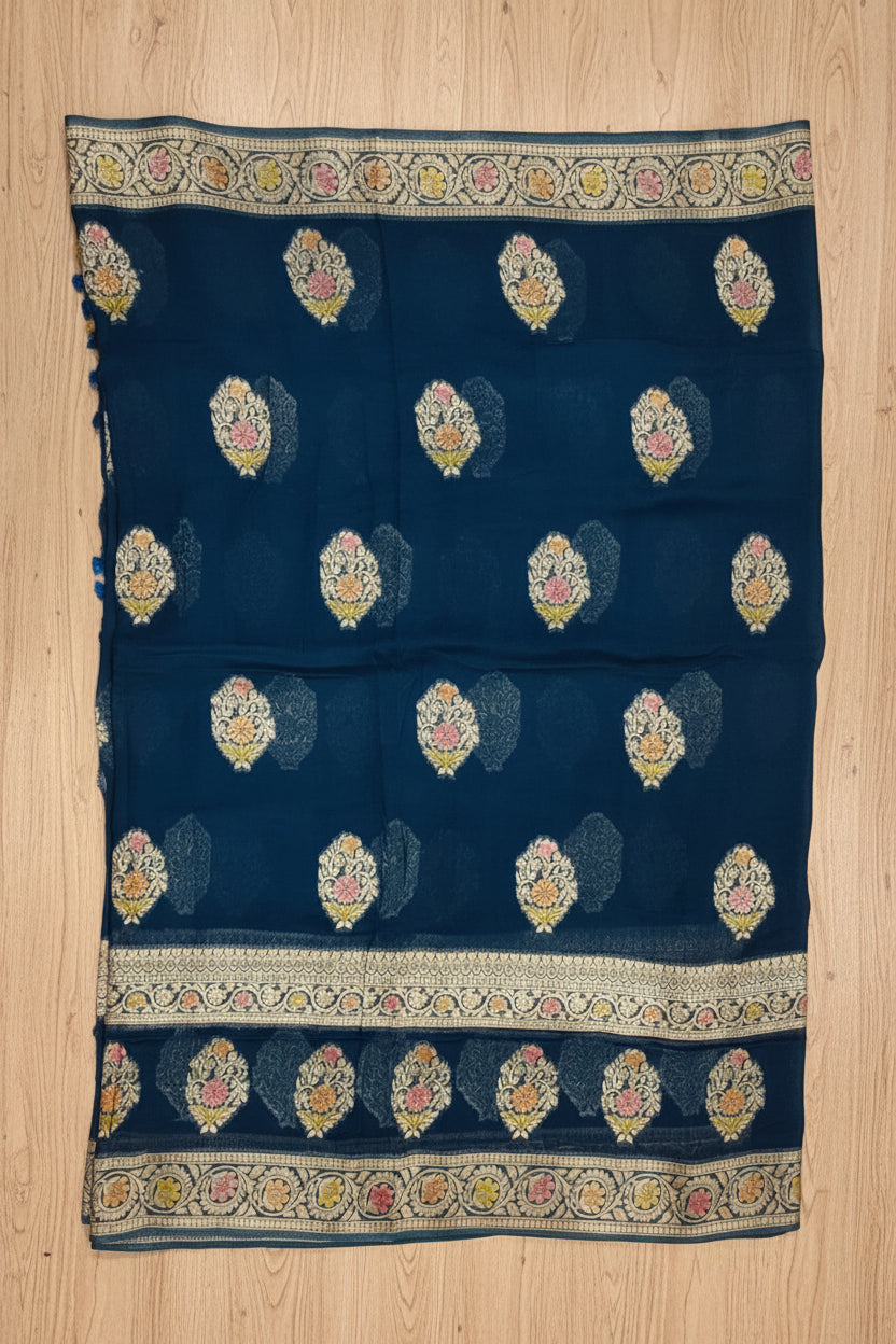 Dark Ocean Blue Banarasi Georgette Saree