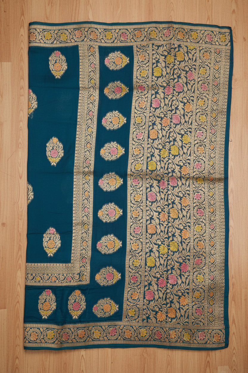 Dark Ocean Blue Banarasi Georgette Saree