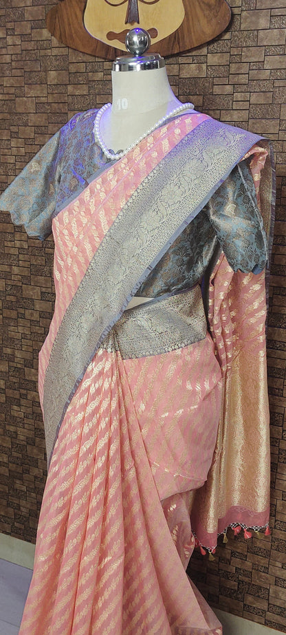 Semi Jamdani Peach Banarasi Saree