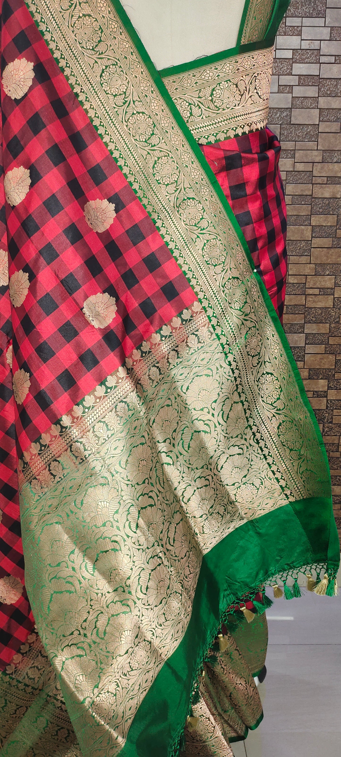 Red Black Checks Pure Katan Silk Saree