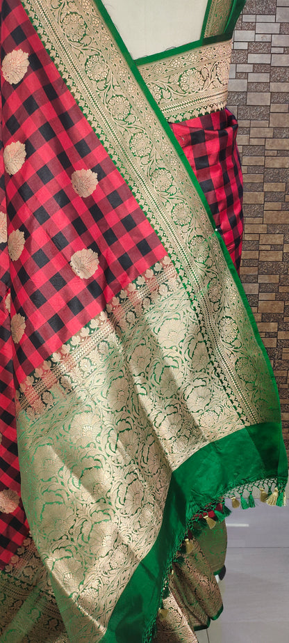 Red Black Checks Pure Katan Silk Saree