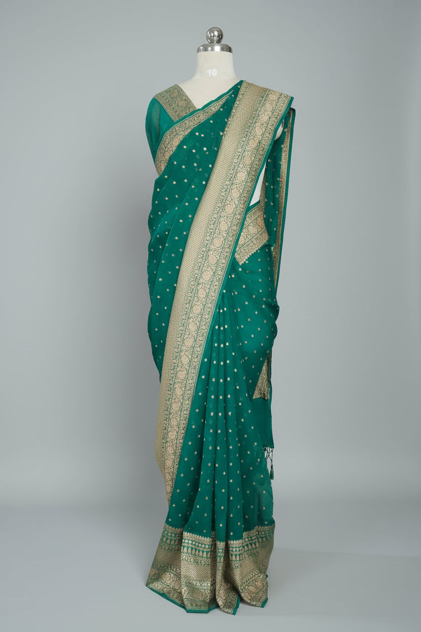 Emerald Green Banarasi Pure Georgette Saree