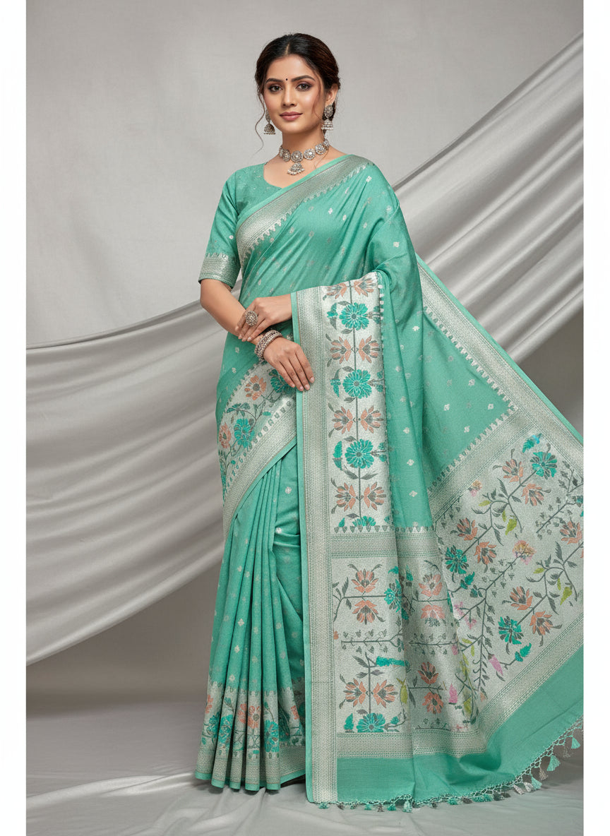 Turquoise Handloom Pure Desi Tussar Saree